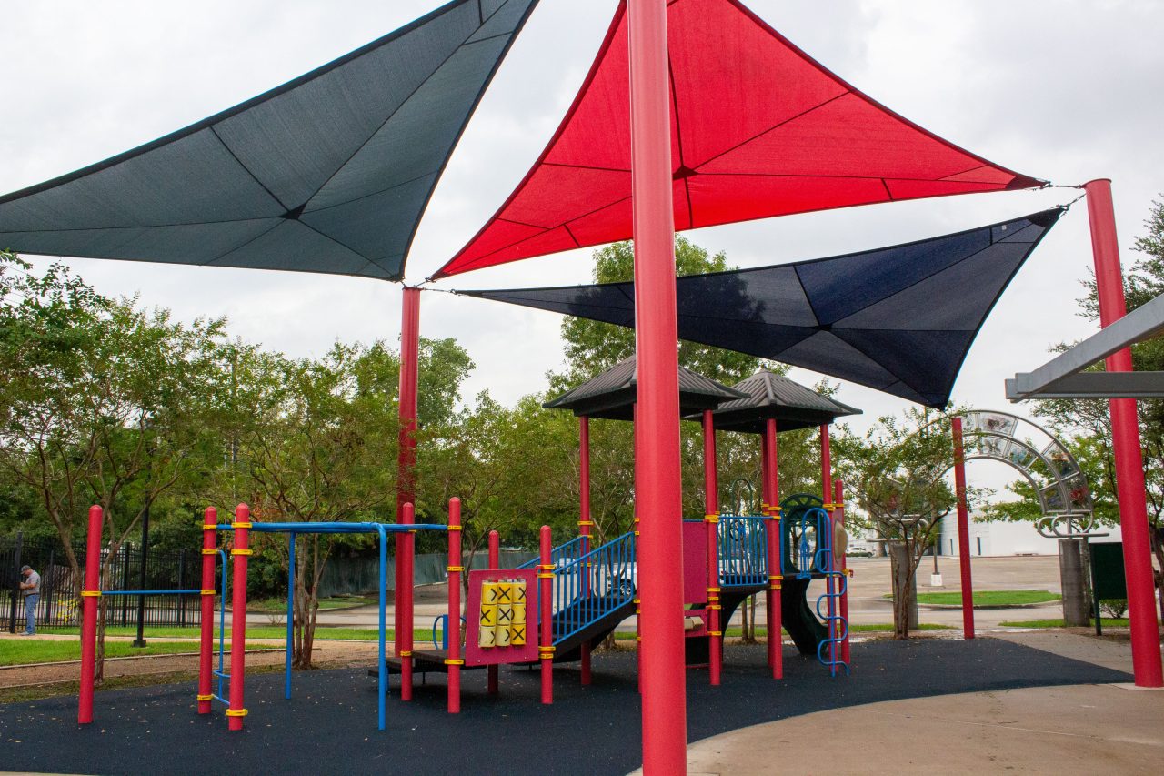 New sail shade addition to playground at Park at Palm Center.